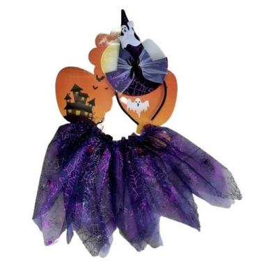 Imagem de Fantasia Bruxa Luxo Tiara de Chapéu Saia Roxa Carnaval - PB Festas