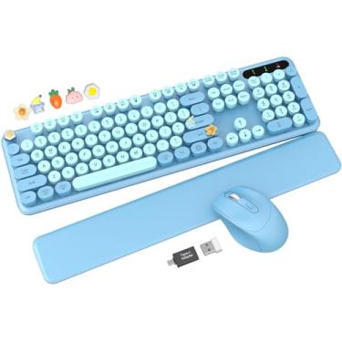 Imagem de Combo de teclado e mouse sem fio – lindo teclado de máquina de escrever com descanso de pulso removível, teclas redondas retrô, pernas dobráveis, tamanho completo de 2,4 GHz para PC, laptop, Windows -