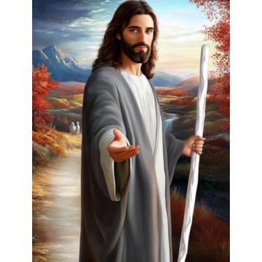 Imagem de F-CANLAN Round Full Drill Diamond Painting Set, 5D DIY Jesus Guide Diamond Painting with Gem God Diamond Art Painting by Numbers for Beginner Diamond Painting Kit for Adult Room Decor (12X16 inches)