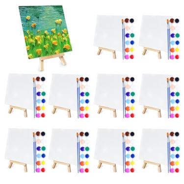 Imagem de DUA MAIGA Conjunto de 10 mini kit de tinta acrílica, quadros de lona de 16,5 cm para pintura com cavalete de 16,5 cm, tiras de tinta acrílica, pincéis de pintura, mini conjunto de tela e cavalete para