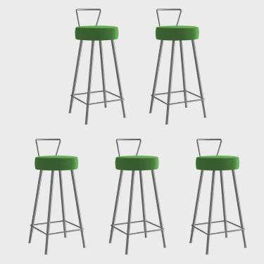 Imagem de Kit 05 Banqueta Alta Com Encosto Tais Eiffel Cozinha Bar Bistrô Ferro Prata Sintético Verde - Ahz Móveis