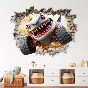 Imagem de Decalque de parede de caminhão monstro 3D - design de parede rompendo para quarto de meninos, decoração de corrida de caminhão de sala de jogos, adesivos de parede para quarto de crianças (série de