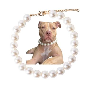 Imagem de Daovace Coleira de pérola com contas para cães, feita à mão, com colar de sino, joia para cães pequenos (médio, pérola