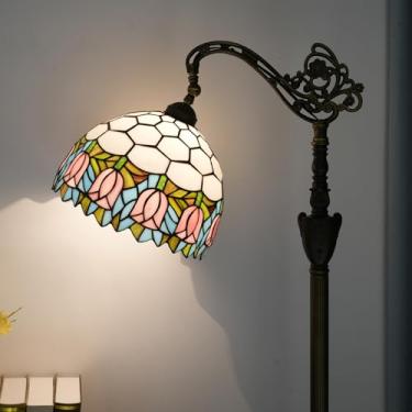 Imagem de Blivuself Luminária De Chão Tiffany Com Vidro Colorido Em Formato De Tulipa Rosa, 63 Polegadas, Luminária De Chão Estilo Tiffany Feita À Mão Com Abajur De Ângulo Ajustável Para Leitura, Trabalho, D