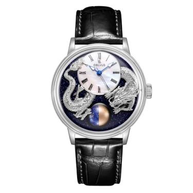 Imagem de OBLVLO Top Luxo 3D Duplo Chinês Loong Couro de Bezerro Relógio Automático para Homens Impermeável Mecânico Clássico Relógios SCM-Drag, SCM-DRAON-YWBL, Tendência