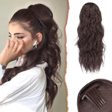 Imagem de SOFEIYAN Extensão De Rabo Cavalo Com Cordão Sofeiyan, 24" Ondulado, Cacheado, Presilha, Pente Em Extensões, Rabos Grossos E Fofos, Apliques Sintéticos Para Mulheres - Castanho Castanho-Avermelhado