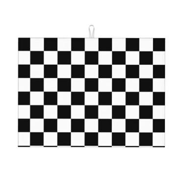 Imagem de CCOCND Tapete De Secagem Louça Xadrez Preto E Branco Para Balcão Cozinha, Acessórios Cafeteria, Padrão Clássico Retrô, Absorvente Fácil Limpar, 45,7 Cm X 60,9