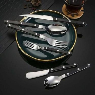 Imagem de Pinkrella Conjunto De Talheres Aço Inoxidável Com 6 Peças, Cabo Colorido E Rebite/Estilo Retrô - Faca Jantar, Garfo, Garfo Salada, Colher Sopa, Chá, Espalhador (Preto), Regular