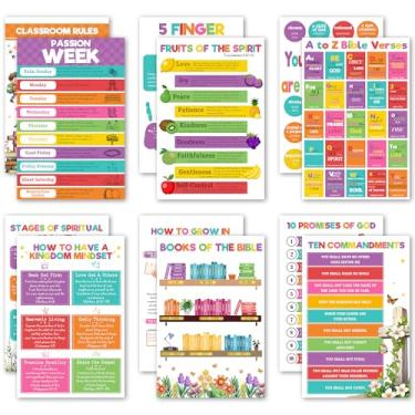 Imagem de Jinniee Conjunto de 12 pôsteres bíblicos para crianças, pôster de livros da Bíblia de 28 x 43 cm, 10 mandamentos, frutas do espírito e mais decoração de sala de aula cristã retrô