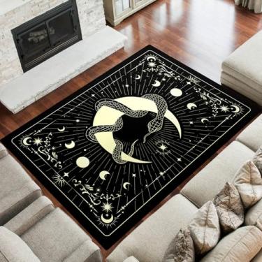 Imagem de Tapete boho de lua e cobra, tapetes antiderrapantes com design boêmio para quarto, sala de estar, estilo gótico, estrelas, tapete para decoração de casa, preto e branco (cobra e lua, 160 cm x 119 cm)