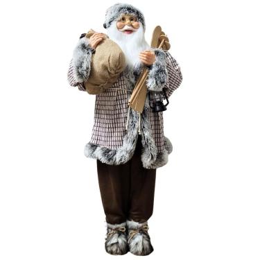 Imagem de Papai Noel Decorativo Gigante Forest 1,10m Casaco Marrom e Cinza com Ski e Lanterna - Bela Flor