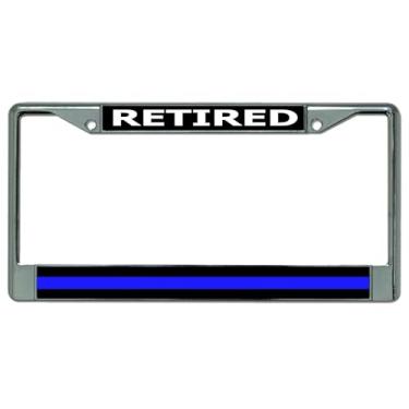 Imagem de Retired Police Officer Moldura de placa de licença cromada fina linha azul