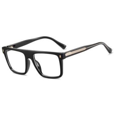 Imagem de Armação grossa para óculos grandes femininos Tr90 masculino acetato templo quadrado anti luz azul, Preto com transparente