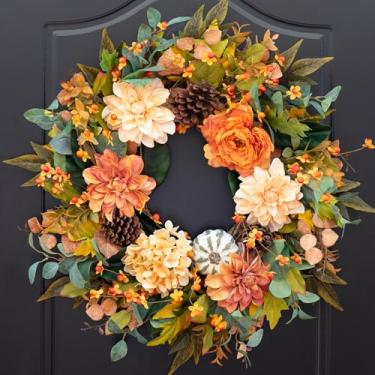 Imagem de Guirlanda de outono para porta da frente externa - guirlanda de outono de 61 cm com flores de dália, abóboras, pinhas e folhas de eucalipto, grande guirlanda de outono para Ação de Graças, Halloween