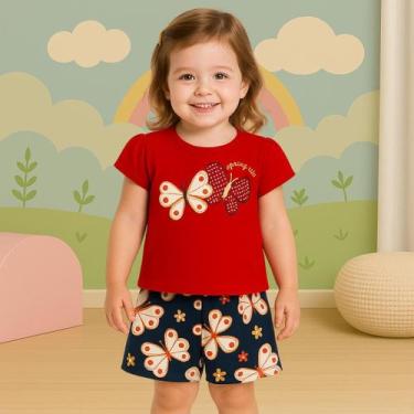 Imagem de Conjunto Infantil Menina Verão Blusa Vermelha com Borboletas e Short A