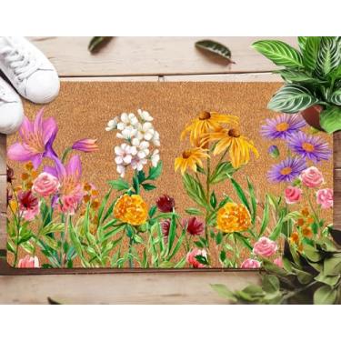Imagem de Oujilidemat Capacho vintage de flores silvestres - Tapete floral retrô antiderrapante para porta da frente/pátio, tapete de boas-vindas de fibra natural para ambientes internos e externos, 76 x 43 cm