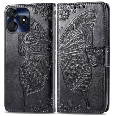 Imagem de DAMONDY Capa para celular BLU G64L, couro PU, borboleta, flores em relevo, capa flip magnética, suporte para cartões, alça de mão, carteira para BLU G64L - Preto