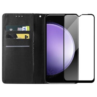 Imagem de Capa Carteira Flip Case para Samsung Galaxy S23 FE com Película de Vidro Temperado 3D, Proteção de Câmera, Preto