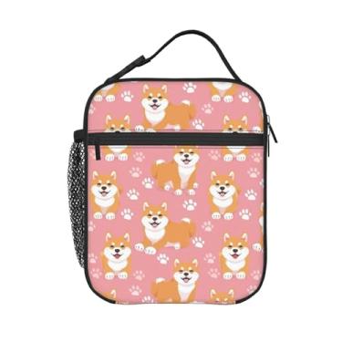 Imagem de PrelerDIY Lancheira Happy Shiba Inu com estampa de pata – Lancheira isolada para meninos/meninas/mulheres/homens, lancheira com alça removível