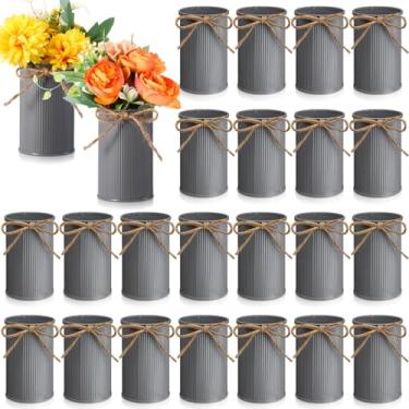 Imagem de Domensi Vaso de fazenda de 11 cm de altura para decoração de vaso de flores vintage com laço de barbante baldes rústicos de metal galvanizado para flores artificiais para mesa de centro de mesa