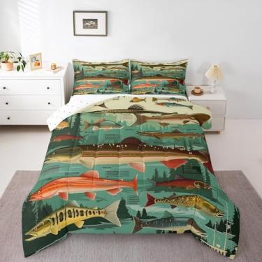 Imagem de Erosebridal Conjunto de edredom Queen com tema de peixe, casa de lago de pesca, para crianças, meninos, homens, conjunto de cama de colcha de peixe pike grande, cabana rústica, decoração de quarto de