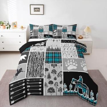 Imagem de Erosebridal Jogo de cama king-size ocidental, conjunto de edredom de caubói cavalo de fazenda, decoração de cabana, retrô, verde-menta, geometria, xadrez, xadrez, conjunto de cama ocidental, tema de