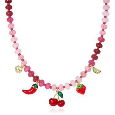 Imagem de KissYan Colar com pingente feminino de contas com pingente de cereja, morango, limão, abacaxi, frutas, moderno, verão, praia, joias para presentes, Cobre, Sem Pedra Preciosa