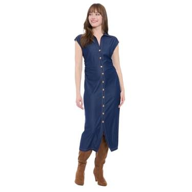 Imagem de London Times Camisa feminina estilo camisa midi manga cavada colarinho botão frontal Slub Stretch Denim - ajuste clássico, Jeans índigo nº 122, 44