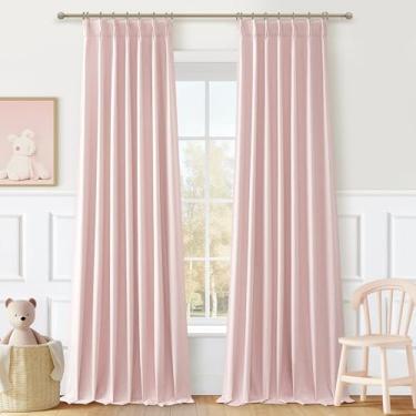 Imagem de Cortinas pretas rosa bebê 92 polegadas de comprimento para quarto Grils conjunto de 2 painéis, bonito plissado linho linho cortinas de janela escurecendo quarto com aba traseira para sala de jantar