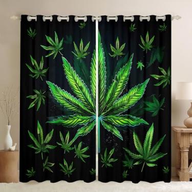 Imagem de Cortinas de janela de folha de cannabis, cortina de janela psicodélica de folha de maconha para quarto, cortinas trippy botânicas de folhas verdes neon 2 painéis para adolescentes adultos, 106 cm L x