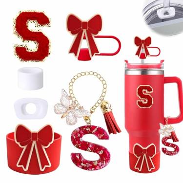 Imagem de Conjunto de 6 peças de acessórios para copo vermelho Stanley Cup 850 g 1,134 g copo com alça, incluindo tampa de cobertura de palha de silicone e bota de laço, tampa à prova de derramamento, pingente