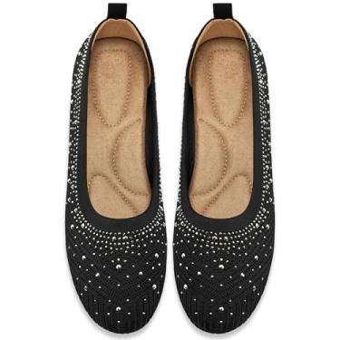 Imagem de Almusen Sapatilhas femininas estilosas: Sapatilhas confortáveis de malha macia para trabalho com glitter strass bico redondo sapatos casuais para casamento no escritório, Preto, 37