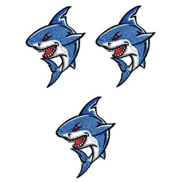 Imagem de Umama Conjunto de 3 apliques de tubarão azul peixe bonito bordado ferro sobre aplique tubarão esportes oceano pescador desenhos animados crianças remendo artesanato reparo decorativo roupas jeans camiseta chapéu mochilas