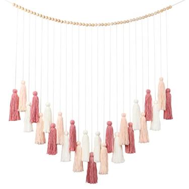 Imagem de DrCor Blush Rosa Boho Macramê para pendurar na parede – Decoração aconchegante de outono com borlas em ouro rosa para berçário, dormitório, chá de bebê, casamento ou exibição de sala de aula de Ação