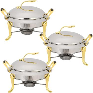Imagem de Conjunto De Pratos De Aquecimento Em Aço Inoxidável Redondo Tamanho Completo Buffet Servidor Catering Jantar De Casamento Aquecedor De Alimentos Com Tampa De Panelas E Supor, Gold, 3 Pack