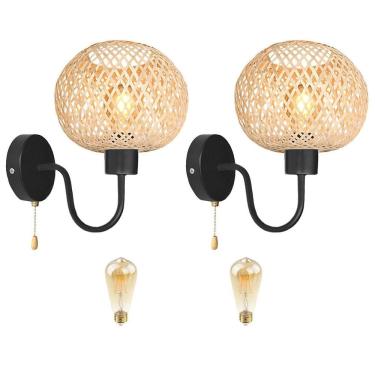 Imagem de Kit 2 Arandela Bambu Interruptor Cordinha Sala Nat91 + Led