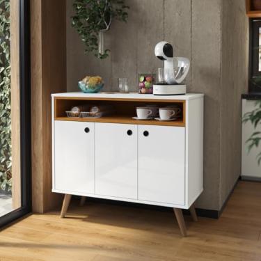 Imagem de Aparador Balcão Buffet Parias Pés Palito Retro 3 Portas Adega Cantinho do Café - Loja Inova BR (Branco/Nature)