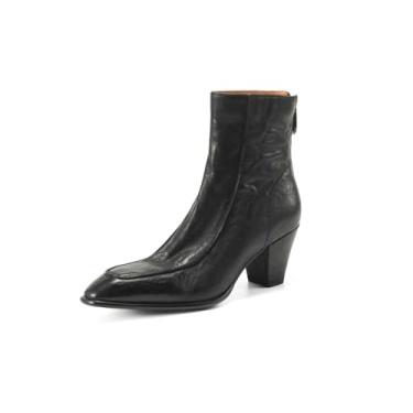 Imagem de TinaCus Bota feminina de couro legítimo feita à mão com zíper nas costas, bico amêndoa, salto baixo, cano curto, Preto, 34