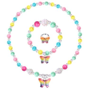 Imagem de Conjunto de joias de borboleta de cristal para meninas - Colar de borboleta infantil para meninas, conjunto de joias de brinquedo com colar, pulseira e anel de contas - Acessórios para brincar