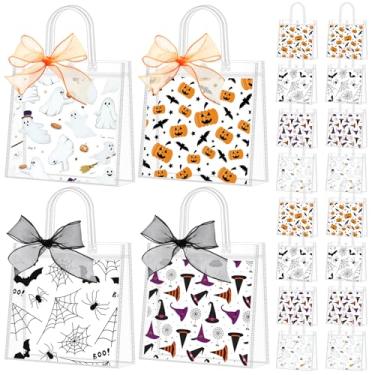 Imagem de Kolldenn 48 sacos de presente de PVC transparente para Halloween com fita de alça reutilizável de abóbora fantasma teia de aranha guloseimas sacolas a granel para artigos de festa de doces ou