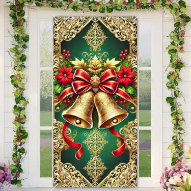 Imagem de BlissYard Capa de porta de Natal 188 x 89 cm Capa para portas de inverno elegantes sinos dourados poinsétias vermelhas decoração de porta de feriado faixa de entrada luxuosa para celebrações festivas