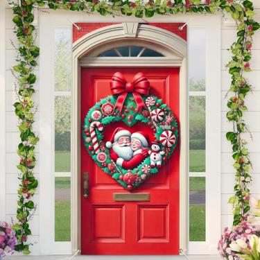Imagem de BlissYard Capa de porta de Natal, guirlanda de coração, 89 x 188 cm, faixa para portas de Natal, Papai Noel, decoração de casa, decoração de entrada sazonal para meninas ou meninos, decoração de