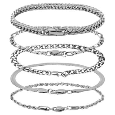 Imagem de 5un. Pulseira Corrente Masculina, Pulseiras Corrente Prata e Aço Inoxidável 19cm Joia Estilosa com Elos Cubanos Joia Personalizada Acessório para Homens e Mulheres