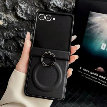 Imagem de Capa para Galaxy Z Flip5 de couro macio com anel de metal fosco, estrutura completa, carregamento sem fio, capa protetora antiderrapante (para Galaxy Z Flip5/preto)