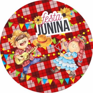 Imagem de Painel de Tecido Sublimado Redondo Festa Junina Aquarela Xadrez Vermel