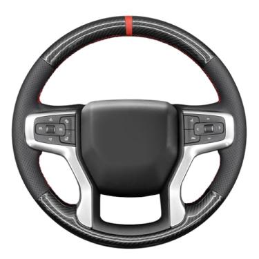 Imagem de MEWANT Capa de volante costurada à mão de fibra de carbono brilhante e couro PU para Chevrolet Blazer/Silverado (1500)/ Silverado (2500/3500)/Suburban/Tahoe acessórios de volante