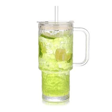 Imagem de WeirdUncle Copo de vidro martelado com alça, tampa e canudo, copos espessos de café gelado de 737 g, grande capacidade, inquebrável, ideal para escritório, viagens, uso diário e presente