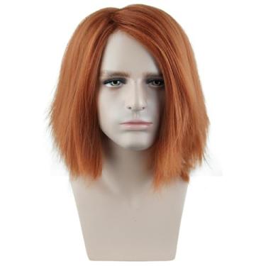 Imagem de MAGQOO Peruca masculina laranja vermelha peruca curta reta gengibre fantasia cosplay Halloween peruca com touca de peruca