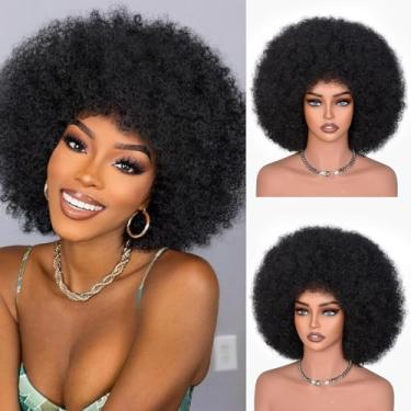Imagem de CURLCRAZY Perucas Afro Para Mulheres Negras, Peruca Cacheada Crespa Dos Anos 70 Com Franja, Cabelo Sintético, Enorme E Fofo, Cosplay, Uso Diário Festa, 35 Cm