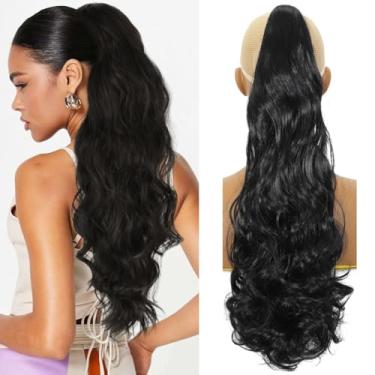 Imagem de HENSLEELY Extensões de cabelo longo cacheado rabo de cavalo 55,8 cm extensão de rabo de cavalo ondulado de garra preta para mulheres grampo sintético fofo na peruca para uso diário (56 cm, preto)